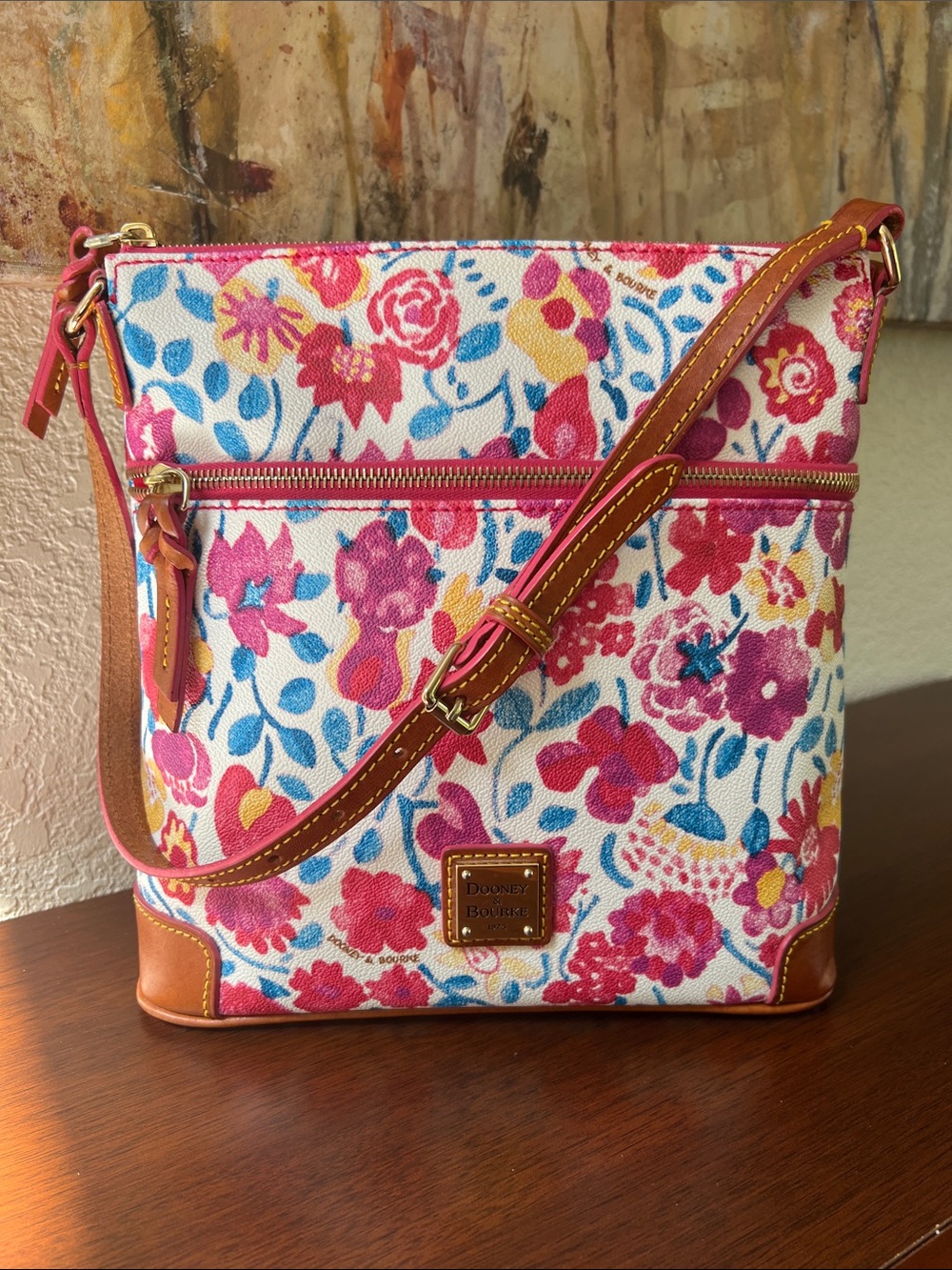 Dooney & Bourke Marabelle Floral Leather Shoulder Bag with Traditional Tan Trim